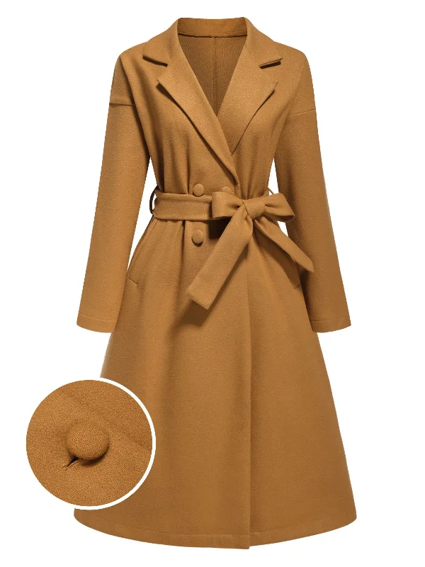 Hot Deal Khaki 1960s Turn-Up Collar Solid Belted Coat