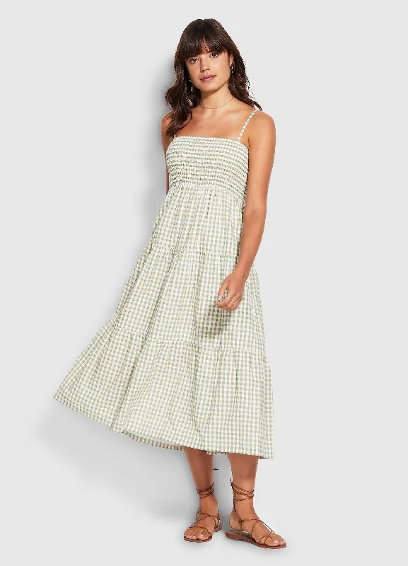 Midnight Madness Gingham Shirring Dress - Thyme