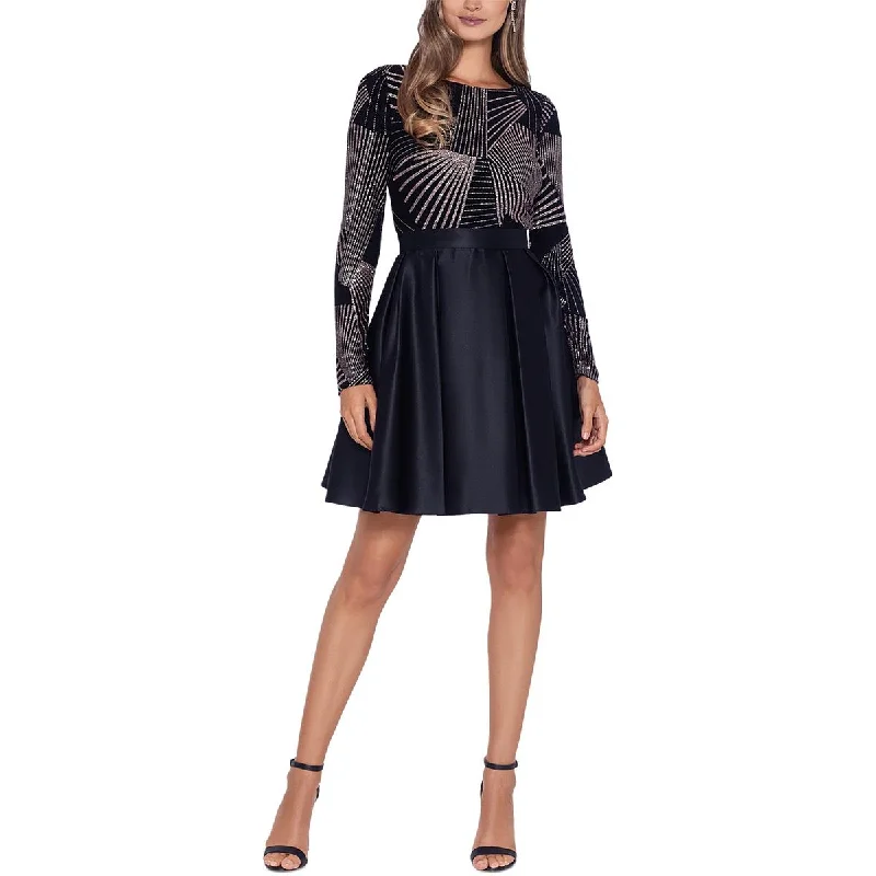 Markdowns Petites Womens Mini Glitter Fit & Flare Dress