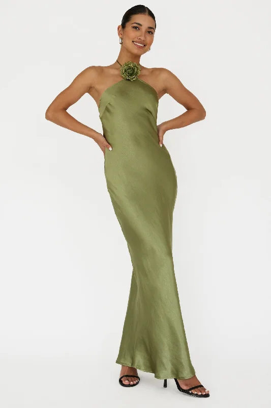 Referral Discount High Roller Flower Decoration Halter Dress Olive