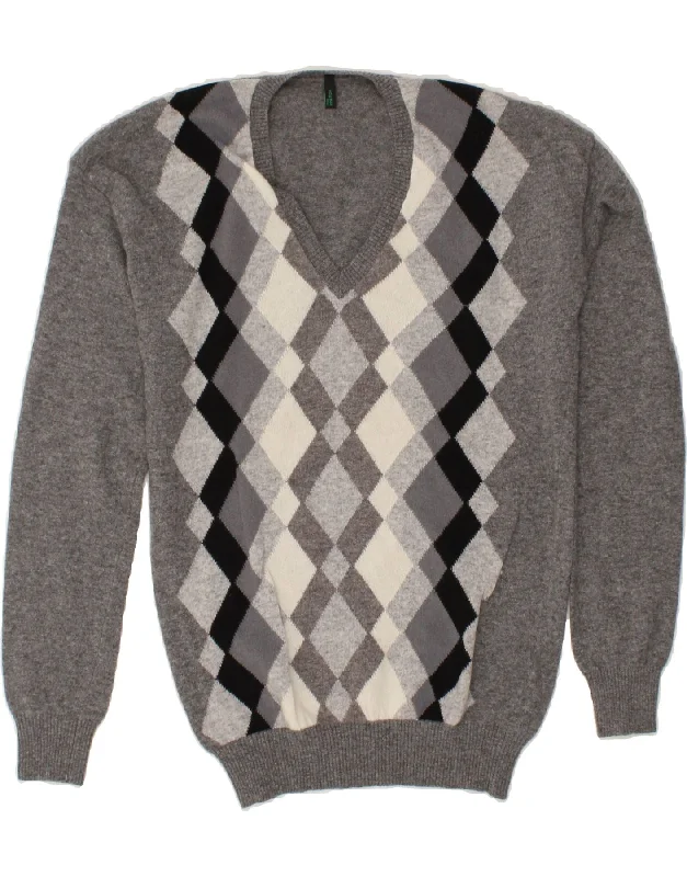 Members Only BENETTON Womens V-Neck Jumper Sweater UK 10 Small Grey Argyle/Diamond Wool Members Only BENETTON Womens V-Neck Jumper Sweater UK 10 Small Grey Argyle/Diamond Wool