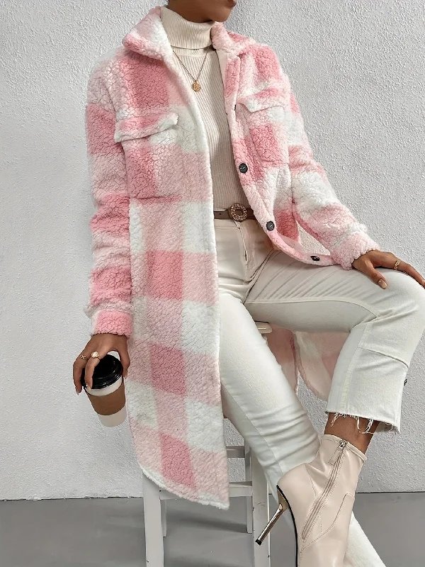 Deal Frenzy Plaid Pattern Teddy Open Front Styling Coat