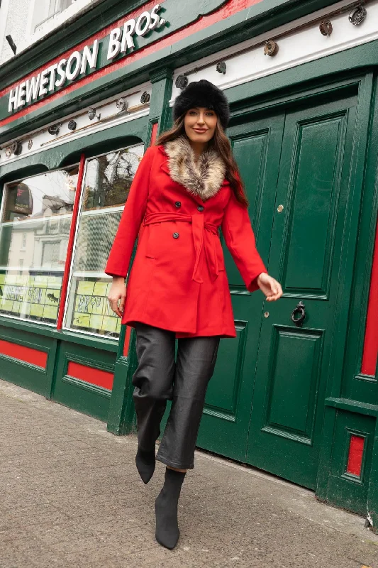 Closeout Sale Red Faux Fur Trim Coat