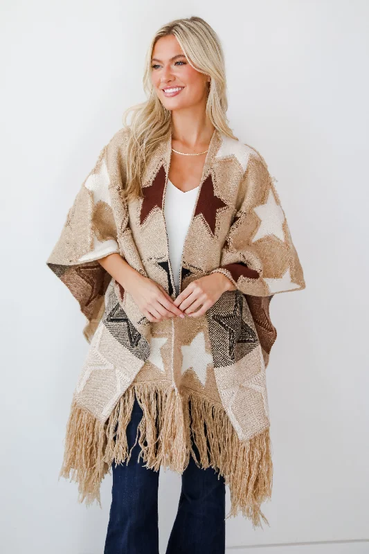 Don’t Miss Out Playful Coziness Beige Star Knit Fringe Shawl