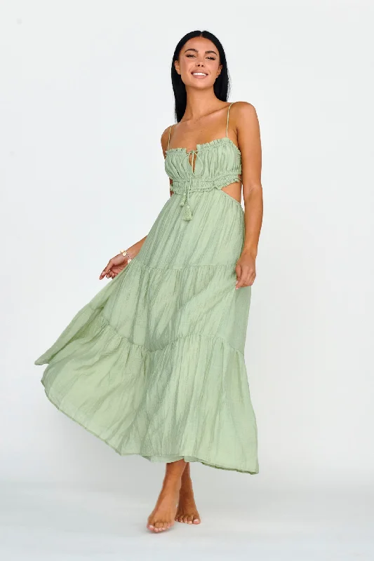 Special Discount Eyona Cut-Out Waist Tie Maxi Dress Sage