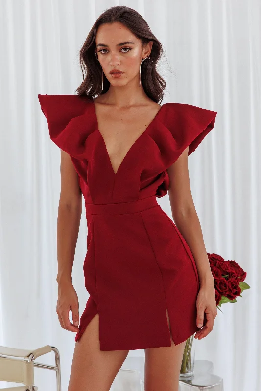 Mega Sale Liardon Bubble Sleeve V-Neckline Mini Dress Wine