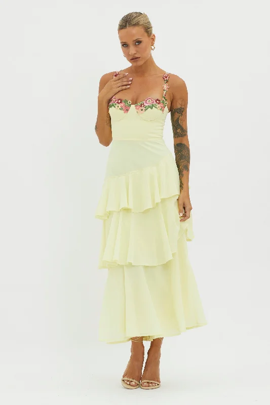 Massive Deals Rose Garden Tiered Ruffle Floral Trim Dress Lemon