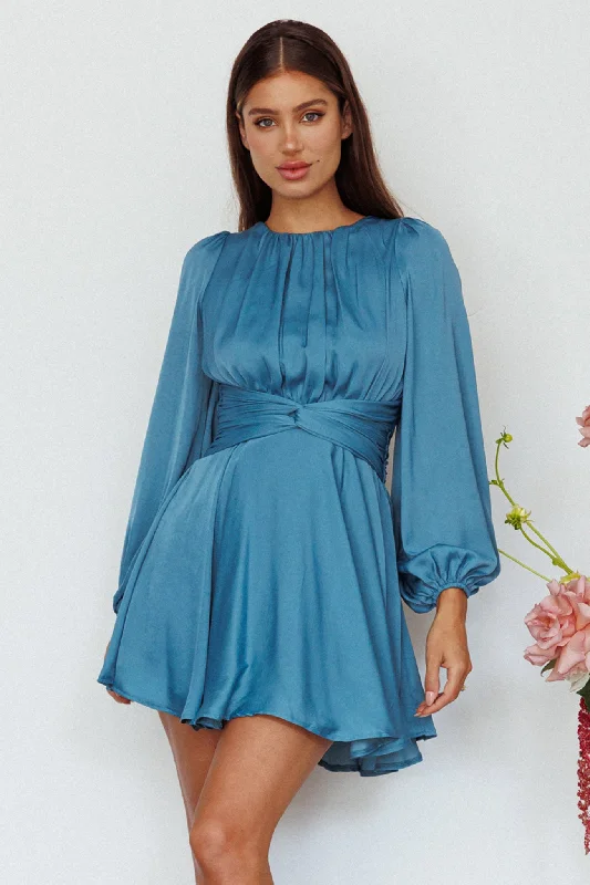 Major Savings Leia Long Sleeve Waist Tie Mini Dress Teal