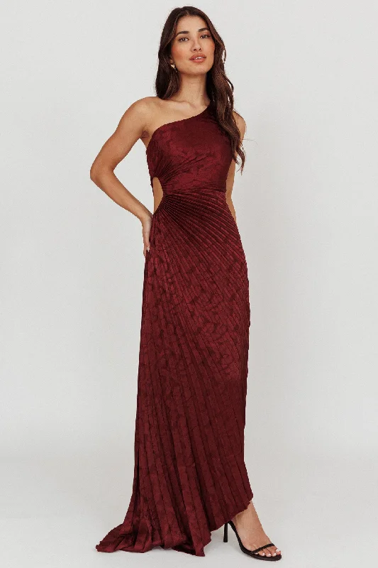 Overstock Sale Amelie One-Shoulder Accordion Pleat Maxi Dress Merlot