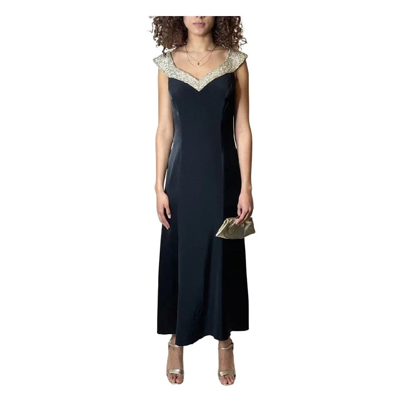 Today’s Special Vintage 1990's Black Crepe / Satin & Silver Beaded Dress UK 12