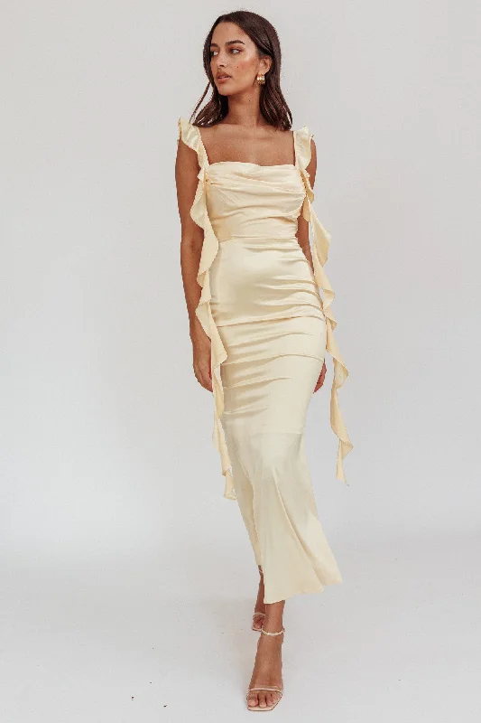 Price Meltdown Blushing Ruffle Trim Midi Dress Butter