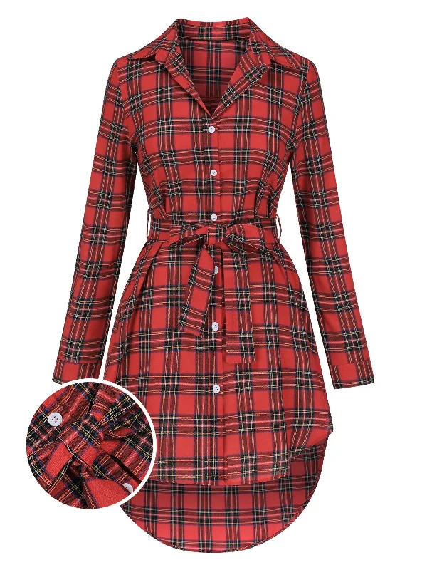 Year-End Clearance Red 1940s Lapel Plaids High-Low Hem Belted Coat