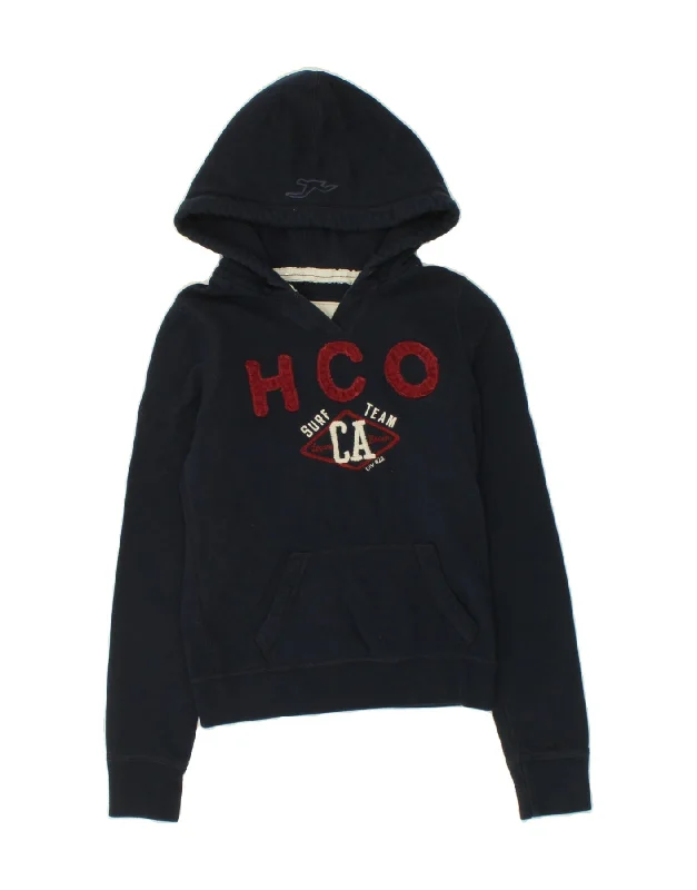 Sale Event HOLLISTER Womens Graphic Hoodie Jumper UK 14 Medium Navy Blue Cotton