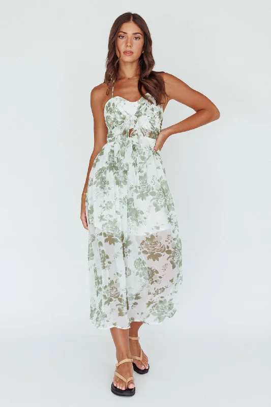 Daily Deals Los Feliz Tied Bust Halterneck Midi Dress Floral Green