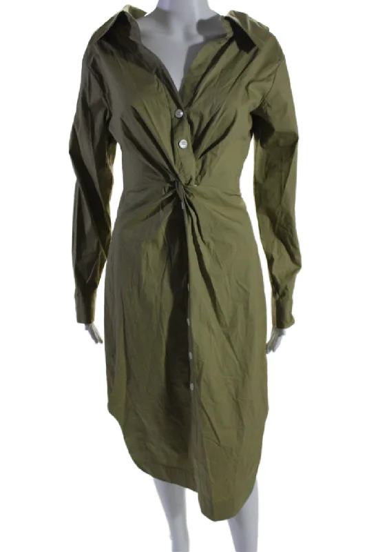 Deep Discounts Staud Womens Button Front Long Sleeve Collared Shirt Dress Green Cotton