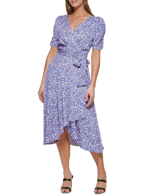 Final Markdown Petites Womens Floral Print Knee-Length Wrap Dress