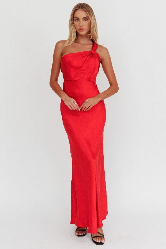 Big Savings Fly Love Satin One Shoulder Maxi Dress Red