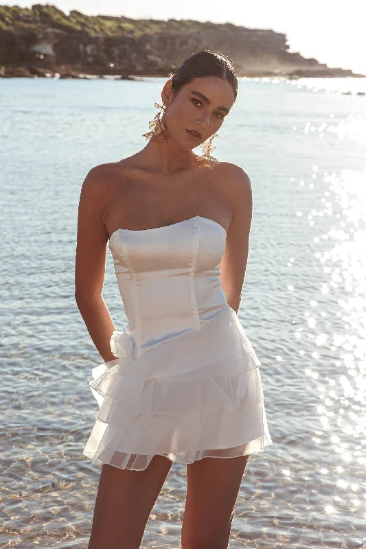 Take Advantage Bless Strapless Organza Ruffle Mini Dress Cream
