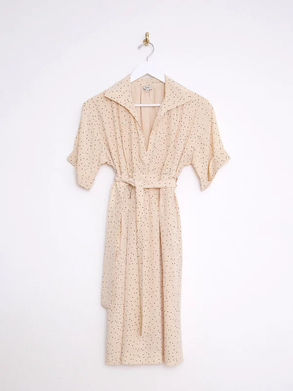 Super Sale Pure silk kimono sleeves dress beige and black polka dots