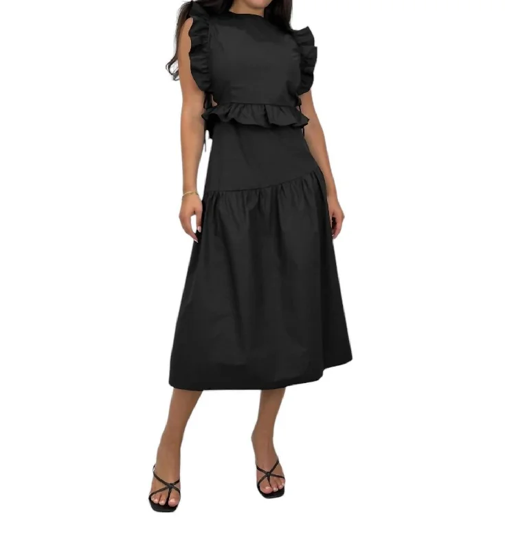 Buy More, Save More Ruffle Trim Tie Detail Midi Dress In Black