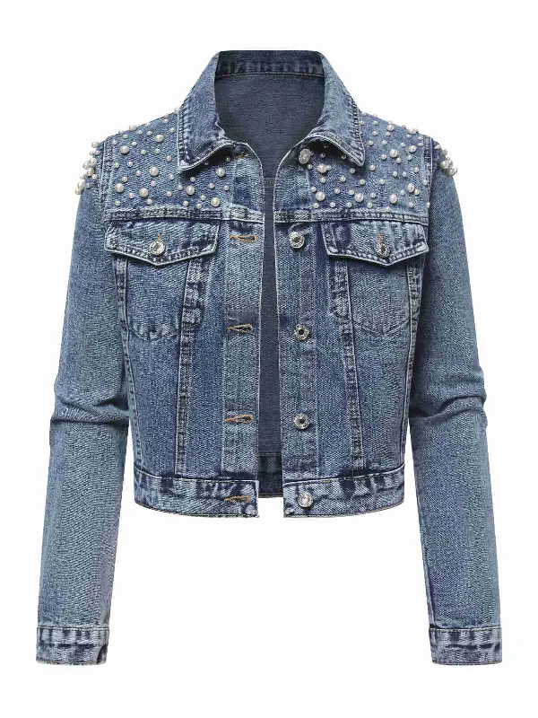 Exclusive Deal Blue 1950s Lapel Pearls Denim Short Coat