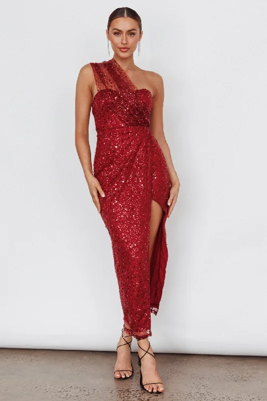 Buy More, Save More Doniella One-Shoulder Split Sequin Maxi Dress Wine