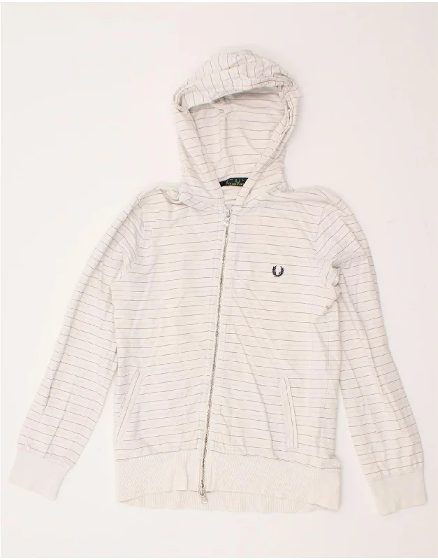 Exclusive Deal FRED PERRY Womens Zip Hoodie Sweater UK 14 Large White Striped Cotton