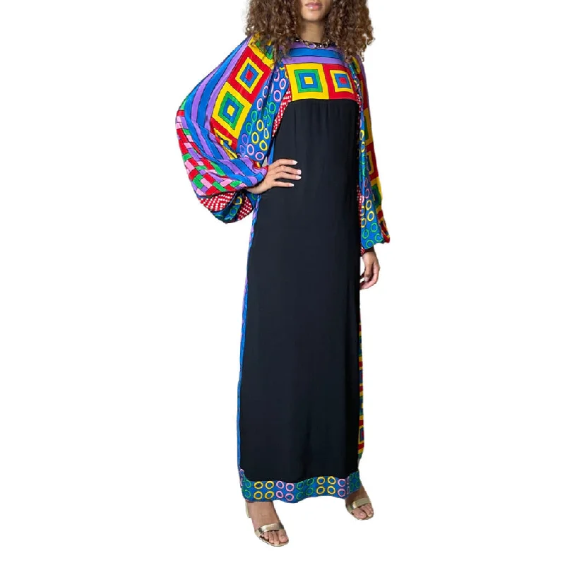 Act Now Peekaboo Hire - Original 1970's Vintage Multi Coloured & Black Maxi Dress UK 8 - 12