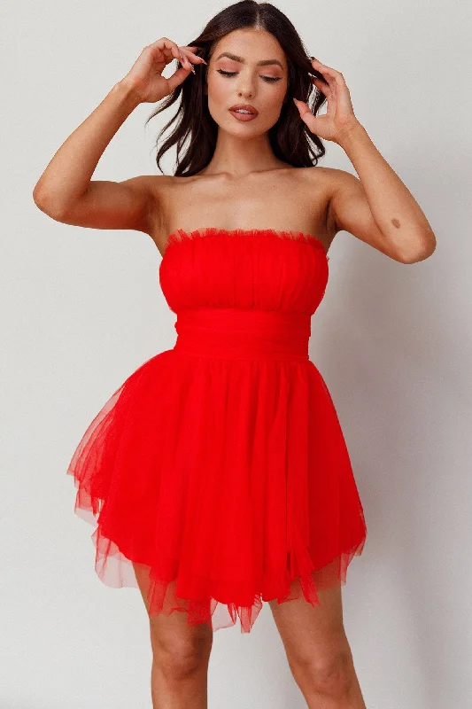 Price Slash Fayette Strapless Mesh Mini Dress Red