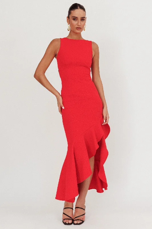 Stock Clearance Lights On Asymmetric Hem Maxi Dress Red