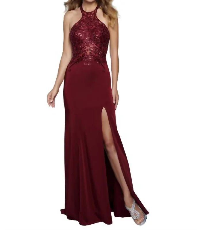 Discount Deals Sequin Embellished Halter Gown In Marsala