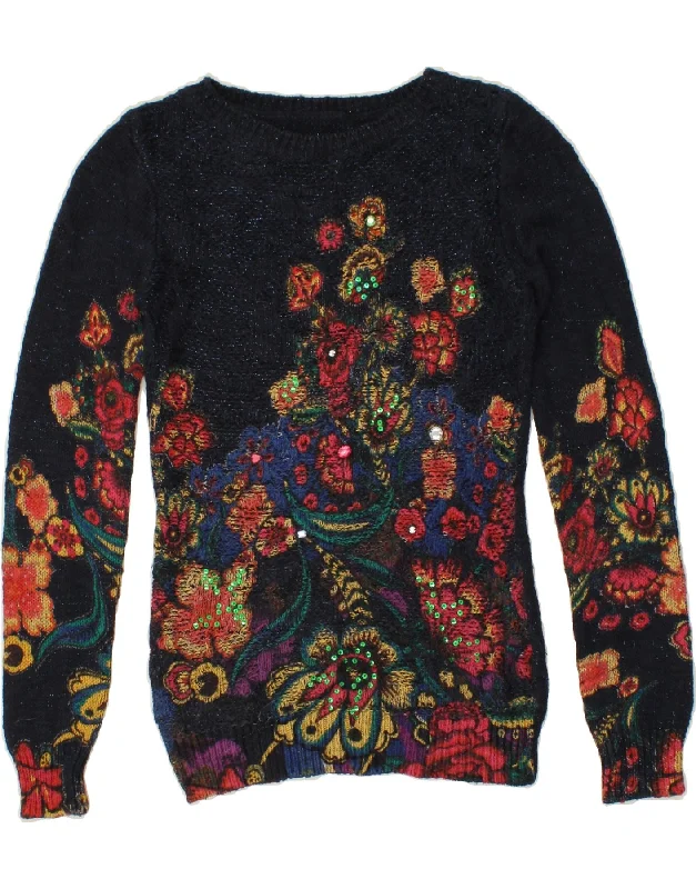 Price Smash DESIGUAL Womens Boat Neck Jumper Sweater UK 6 XS Navy Blue Floral Cotton