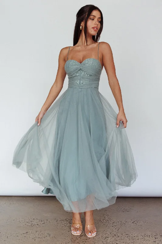 Today’s Deal Smitten Lace Insert Tulle Midi Dress Sage