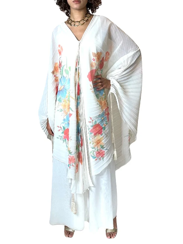 Discount Deals Peekaboo Hire - 1970's Sensational Vintage Cream Floral Pleated Wedding Dress UK 8 - 14