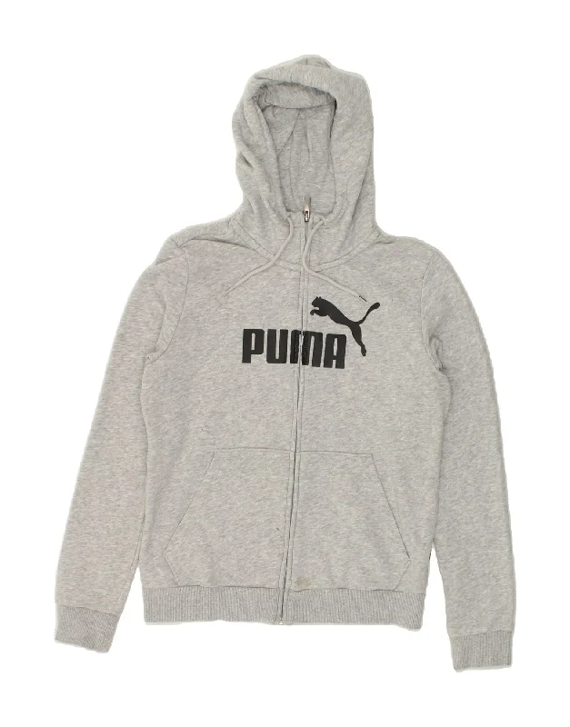 Midnight Sale PUMA Womens Graphic Zip Hoodie Sweater UK 12 Medium Grey Cotton