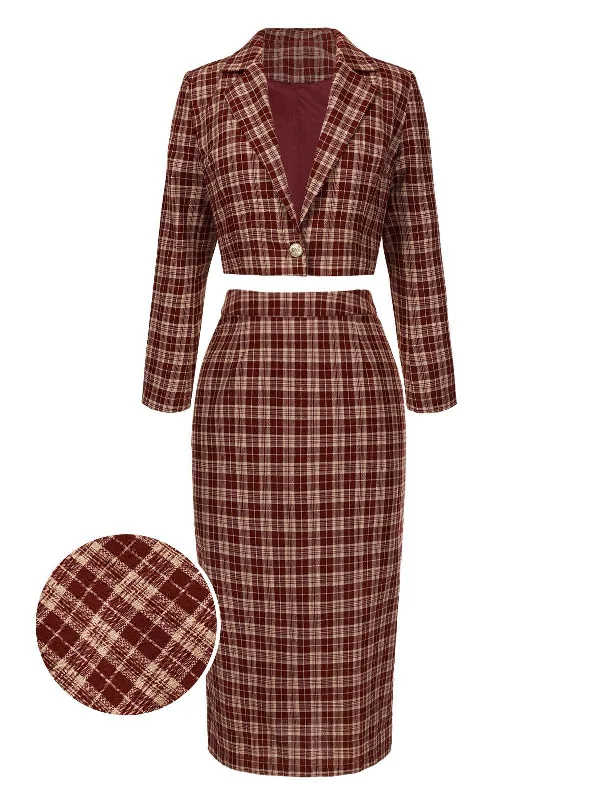 Sneak Peek Sale 2PCS Red 1960s Plaid Lapel Short Coat & Slit Skirt