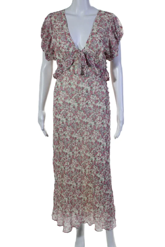 Flash Sale Love Shack Fancy Womnens Silk Floral Print V Neck Maxi Dress White Pink