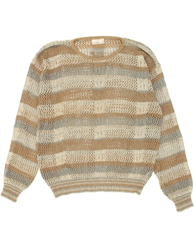 Best Deals VINTAGE Womens Boat Neck Jumper Sweater UK 16 Large Beige Striped Cotton