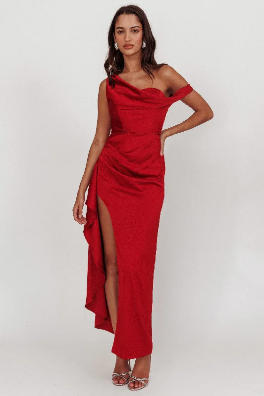 Price Cut Sensations Off Shoulder Satin Maxi Dress Red