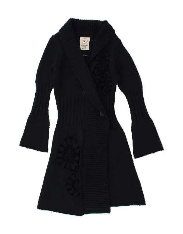 Exclusive Preview REPLAY Womens Longline Graphic Cardigan Sweater UK 6 XS Navy Blue Wool