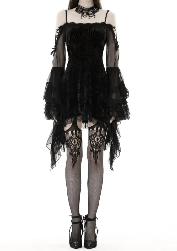 Customer Appreciation Sale Gothic Velvet Ruffle Trumpet Sleeve Off Shoulder Dress In Black