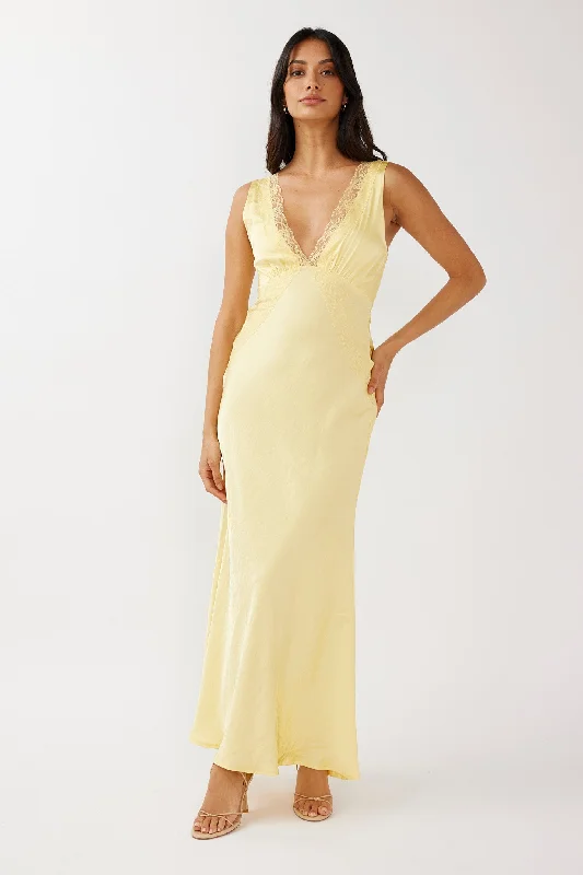 Limited Availability Ivonne Lace Trim V-Neck Maxi Dress Yellow