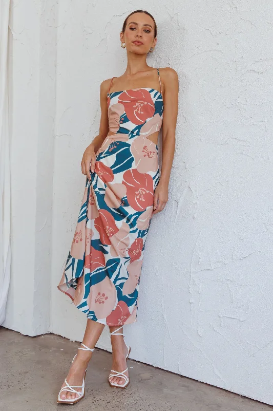 Low Prices Sunday Bliss Tie-Up Back Cowl Neck Midi Dress Flower Red