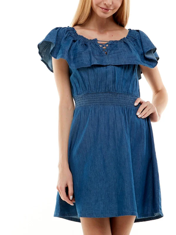 Quick Sale Juniors Womens Smocked Off-The-Shoulder Fit & Flare Dress