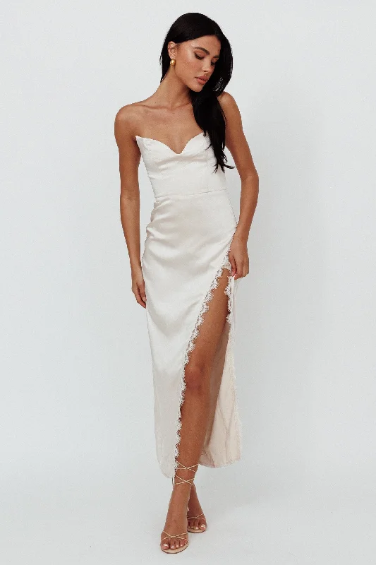 Referral Discount Winter Moon Strapless Lace Trim Midi Dress Champagne