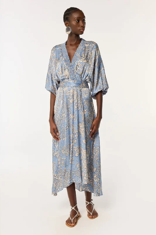 Buy Now Long Dress Celie - Blue Oriental Foulard