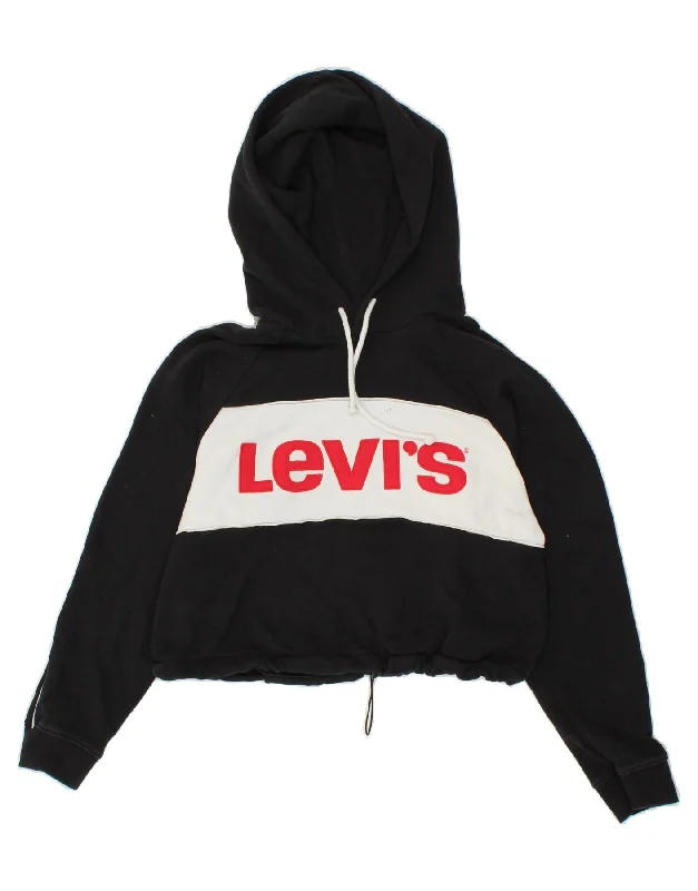 Anniversary Sale LEVI'S Womens Crop Graphic Hoodie Jumper UK 10 Small Black Colourblock