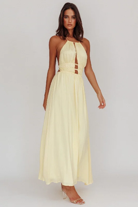 Limited Availability Cyndi Open Back Halterneck Maxi Dress Light Yellow