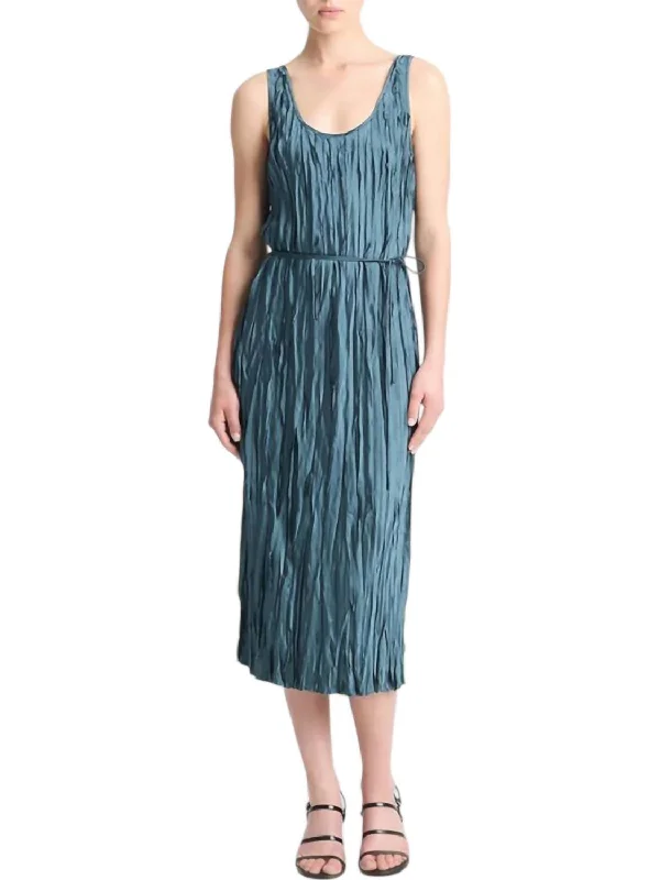 Act Fast Crushed Satin Bias Tank Dress In Marine Stone