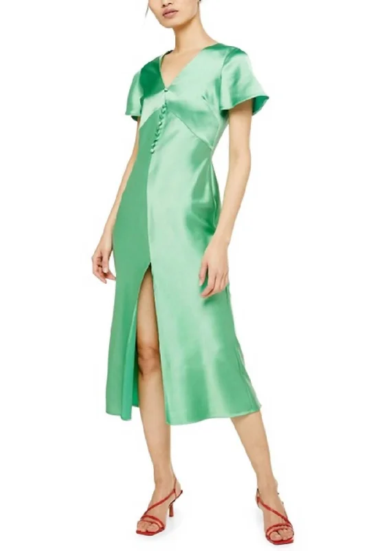 Limited Availability Angel Sleeve Bias Cut Satin Midi Dress In Green